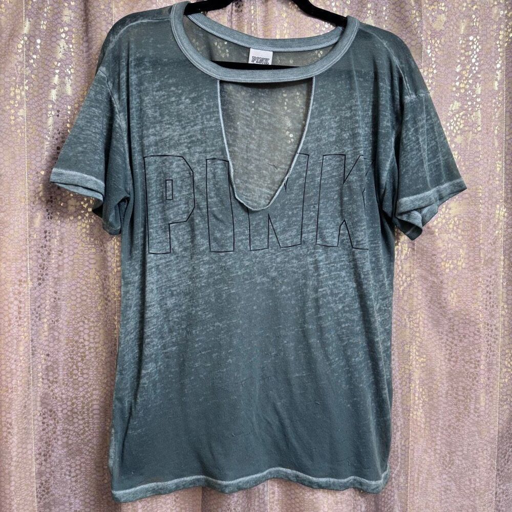 PINK Victorias Secret Sheer‎ Dark Green Stretchy V Neck Cutout Tee XS Flawed
